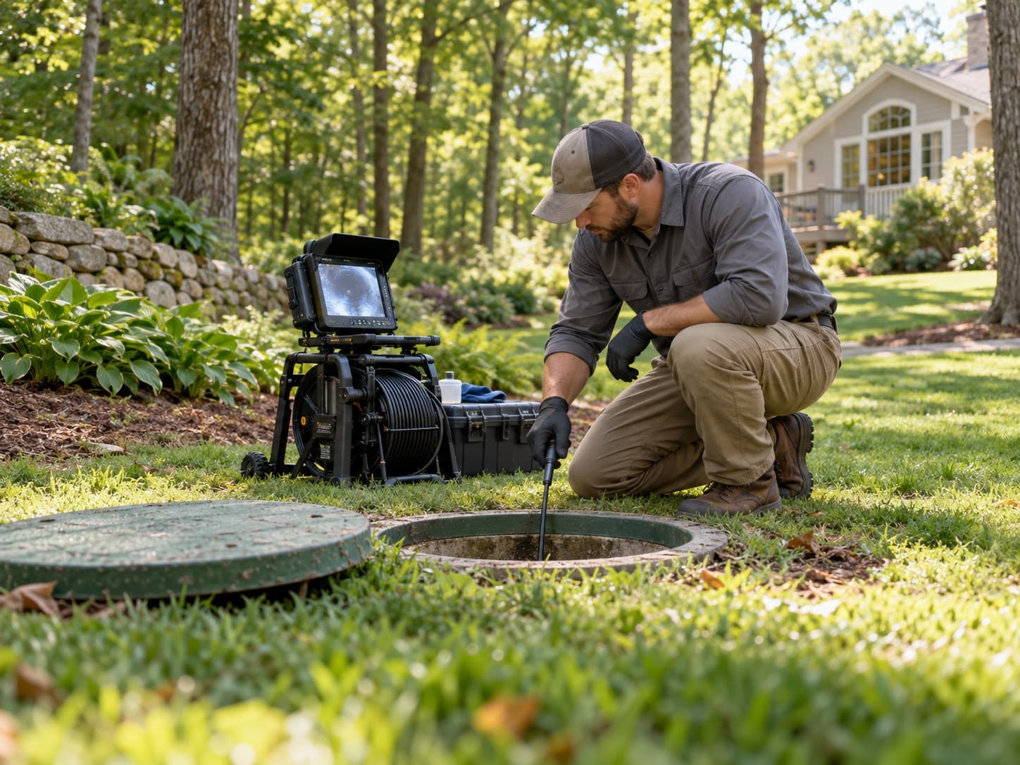 Technician performing a residential septic inspection